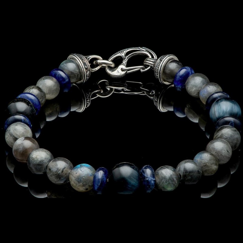 William Henry Magician 10 mm  Tibetan Agate/Blue Sodalite Roundel Bracelet Features A Palette Of Blues & Grays Including Labradorite Sodalite Beads with  Blue Tiger Eye